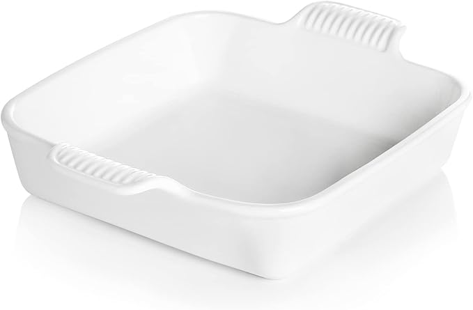 Sweejar Ceramic Baking Dish, 8 x 8 Cake Baking Pan for Brownie, Porcelain Square Bakeware with Double Handle for Casserole, Lasagna, Family Dinner (White)