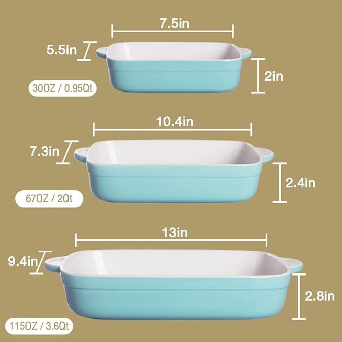 Sweejar Casserole Dishes for Oven, Ceramic Bakeware Set of 3, Lasagna Pan Deep with Handle, Rectangular Baking Pan Set, 9x13 Baking Dish for Cooking, Banquet and Daily Use (Turquoise)