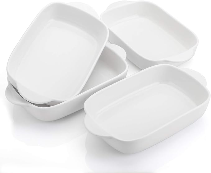 Foraineam 4 Pieces Bakeware Set, White Porcelain Baking Dish Bowl, 7.5 x 5 inch Rectangular Baking Pans for Cooking, Banquet and Daily Use