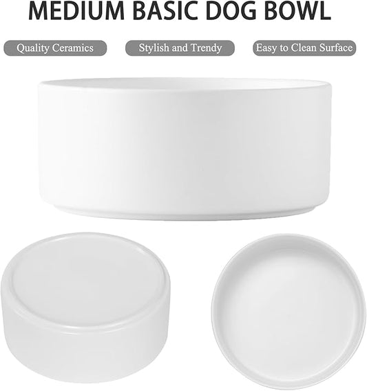 6'' Ceramic Raised Dog Bowl - 30Oz Dog Food & Water Bowl with Elevated Non-Slip Bamboo Stand, Dishwasher & Microwave Safe, Anti Vomiting Heavy Duty Pet Bowl for Small and Medium Dogs, White