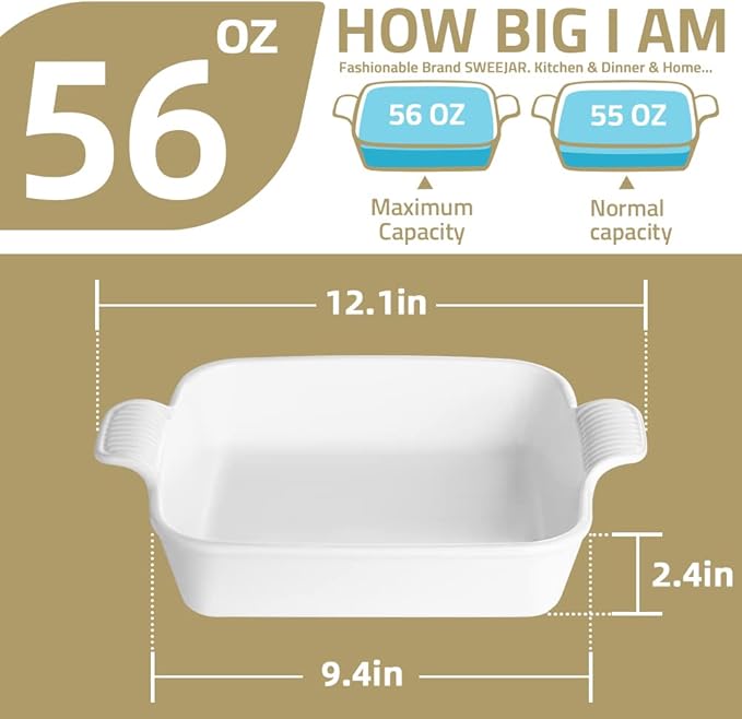 Sweejar Ceramic Baking Dish, 9 x 9 Cake Baking Pan for Brownie, Porcelain Square Bakeware with Double Handle for Casserole, Lasagna, Family Dinner (Beige)