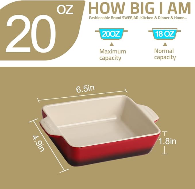 Sweejar Ceramic Baking Dish, Rectangular Small Baking Pan with Double Handles, 20 Oz for Cooking, Brownie, Kitchen, 6.5 x 4.9 x 1.8 Inches (Gradient Red)