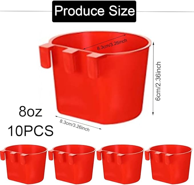 10Pcs Chicken Water Cups,Cage Cup Bird Cage Feeder,8 oz Chicken Feeders Water Bowl Hanging for Cage,Plastic Birds Feeders,Hanging Food and Water Coop Cups for Treats Grit(Red)