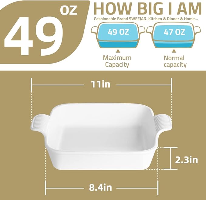 Sweejar Ceramic Baking Dish, 8 x 8 Cake Baking Pan for Brownie, Porcelain Square Bakeware with Double Handle for Casserole, Lasagna, Family Dinner (Light Green)