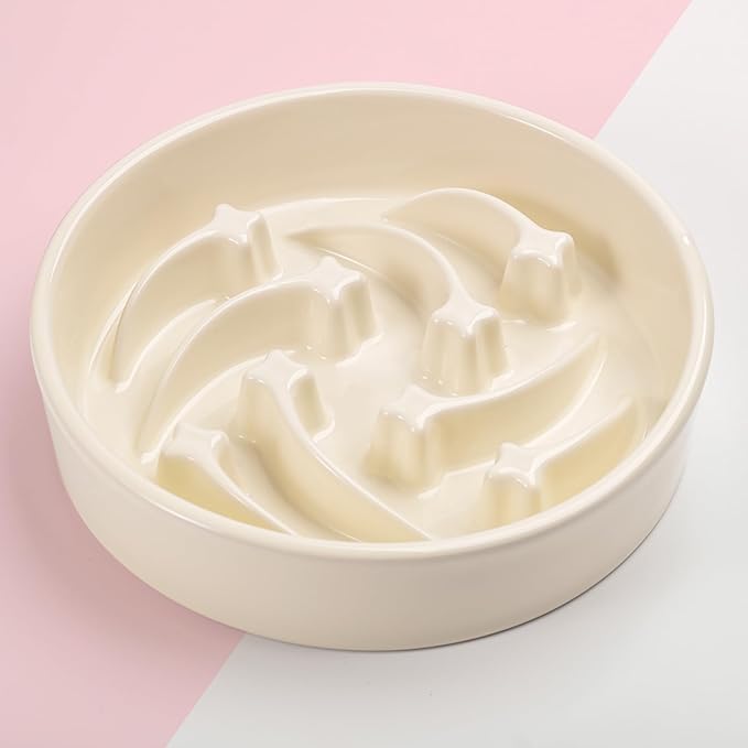 8.26 in Milk White Dog Bowl Slow Feeder Ceramic for Medium and Large Breed,Slow Feeding Dog Food Water Dish Heavy Weighted,Puppy Dish for Fast Eaters,Puzzle Eating Bowl Modern Meteor