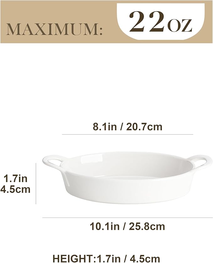 MALACASA Small Casserole Baking Dishes for Oven, Ceramic Oval Baking Dish Sets of 4, 8" x 5" Inch Au Gratin Baking Pans with Handles for Roasting, Lasagna, Pie, Baking Meat & Vegetables, White