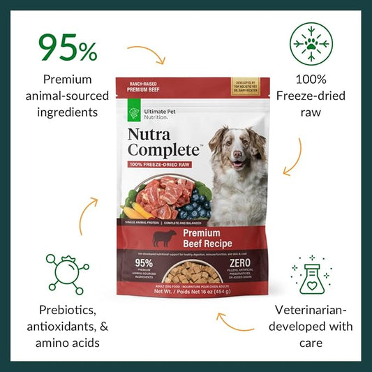 ULTIMATE PET NUTRITION Nutra Complete, 100% Freeze Dried Veterinarian Formulated Raw Dog Food with Antioxidants Prebiotics and Amino Acids, (1 Pound (Pack of 4), Beef)