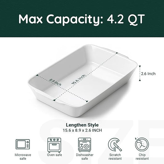 4.2 QT White Casserole Dishes for Oven, Baking dishes with Roasting Racks, Rectangular Lasagna Pan with Handles for Baking, Ceramic Baking Pan, Microwave Oven Safe