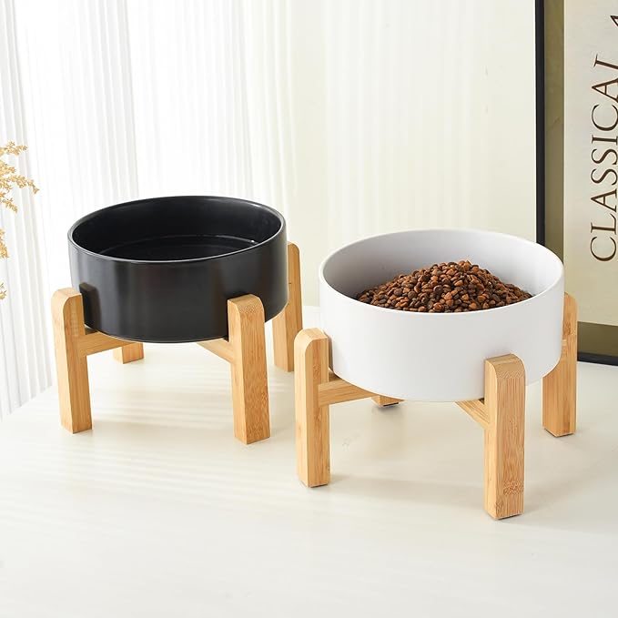 6'' Ceramic Raised Dog Bowl - 30Oz Dog Food & Water Bowl with Elevated Non-Slip Bamboo Stand, Dishwasher & Microwave Safe, Anti Vomiting Heavy Duty Pet Bowl for Small and Medium Dogs, White