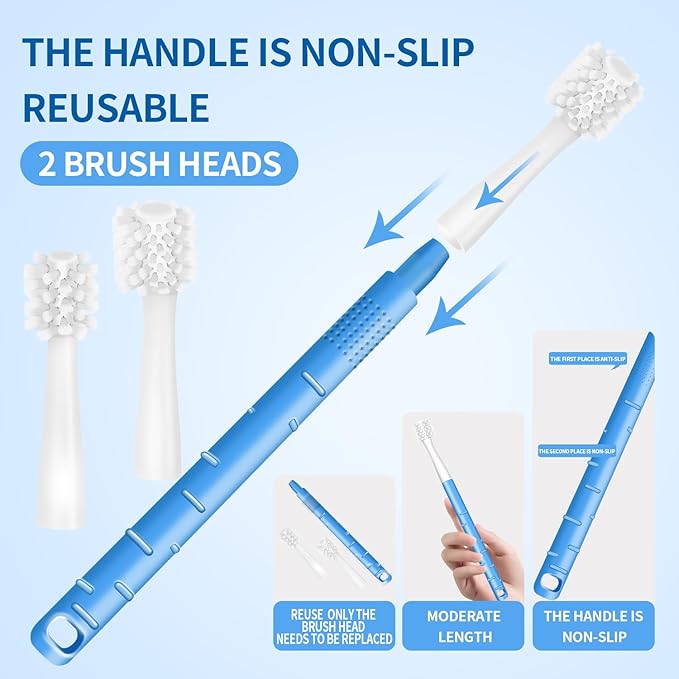 Dog Toothbrush, Dog Toothbrushs Kit with 2pc 360 Degree Tooth Brushing Head and Premium Non-Slip Handle, for Small to Medium Dogs, Soft-Bristled