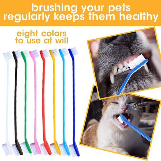 Dog Toothbrush Bulk 200 Pcs 8 Colors - Dual Headed Cat & Dog Toothbrushes Kit, Long Handle Dental Brushes for Large/Small Dogs, Cats, Pets Teeth Cleaning Supplies
