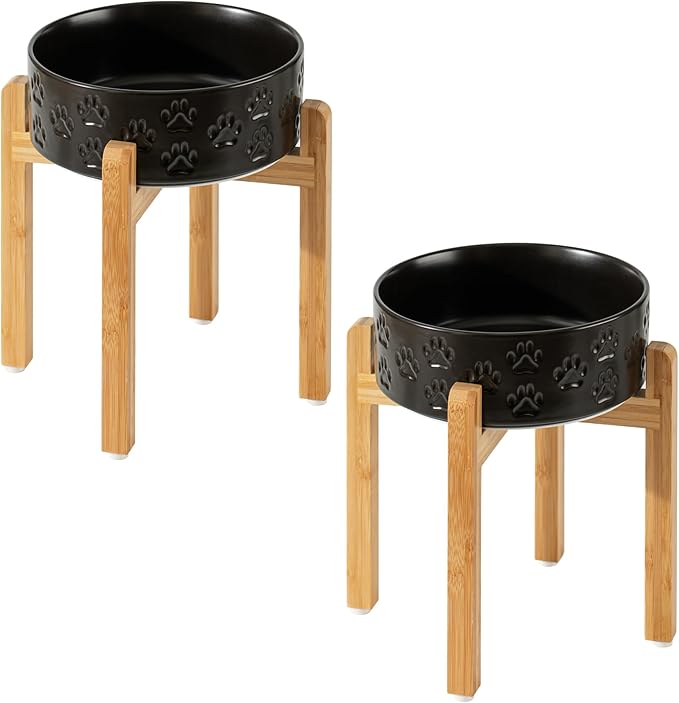 2 Pack Elevated Ceramic Dog Bowls, 8.3 inch Raised Dog Bowl for Large Sized Dogs, 10" Wide x 11" Tall, Dishwasher Safe (Double Bowls + Double Stands - Black, 8 inch)
