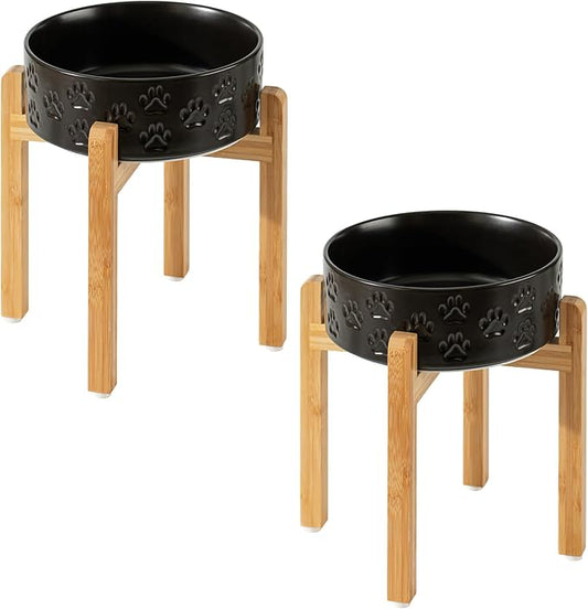 2 Pack Elevated Ceramic Dog Bowls, 8.3 inch Raised Dog Bowl for Large Sized Dogs, 10" Wide x 11" Tall, Dishwasher Safe (Double Bowls + Double Stands - Black, 8 inch)