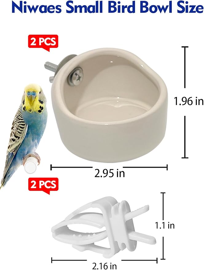 2 Pcs Ceramic Bird Food Bowl Hanging Parrot Food Bowl Pet Bird Bowls Birds Cage Holder for Budgie Finches Lovebirds Parakeet Cockatiels (White)