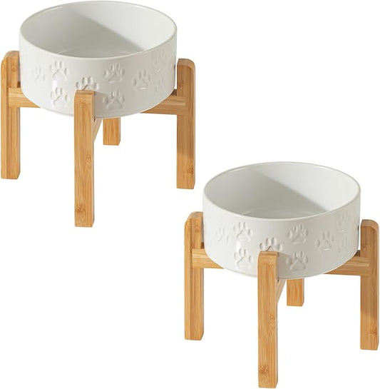 2 Pack Elevated Ceramic Dog Bowls, 7.3 inch Raised Dog Bowl for Medium Dogs, Reducing Neck Strain, Food and Water Bowl (Double Bowls + Double Stands - White, 7.3 inch)