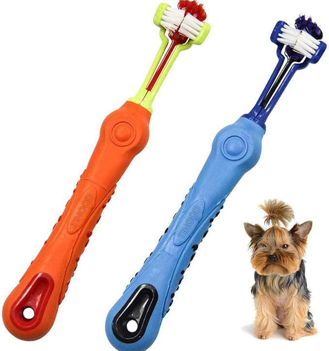 TIHOOD Three Sided Pet Toothbrush Dog Brush Addition Bad Breath Tartar Teeth Care Dog Cat Cleaning Mouth (Blue and Orange)