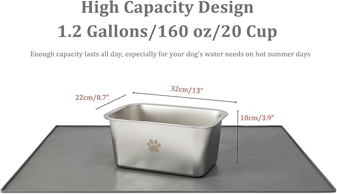 1.2 Gallons 20 Cup Non Slip Stainless Steel Large Dog Water Bowls, Outdoor Metal Dog Bowls Large Breed, High Capacity Water Bowl for Big Giant Huge Dogs, Silver