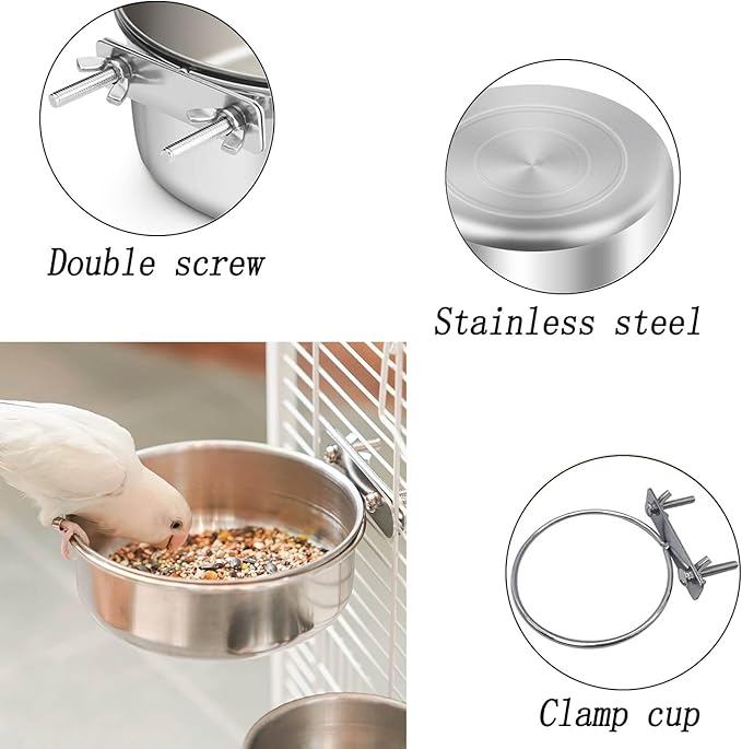 2 Pcs Stainless Steel Bird Food Water Bowls, Parrot Feeding Dish Cups with Clamp Holder Bird Ball Toys for Chinchilla, Cockatiel, Conure, Budgies, Parakeet, Lovebird, Small Animals (Small+Medium)
