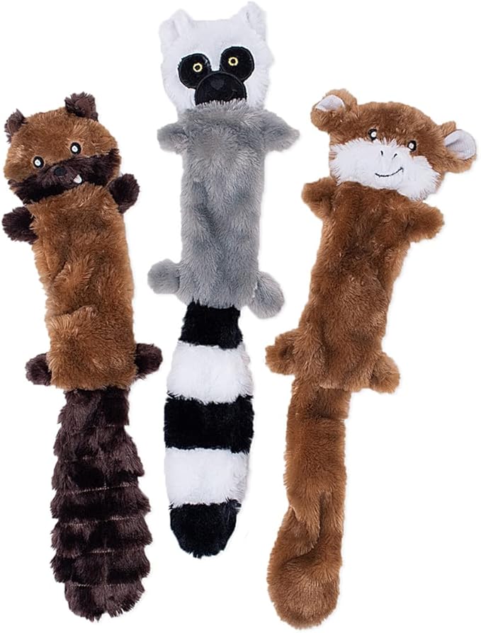 ZippyPaws Skinny Peltz - No Stuffing Dog Toy Pack to Keep Them Busy, for Medium and Large Dogs, Squeaky Pet Toys, Unstuffed Chew Toys, Soft Plush Variety Pack, Chipmunk, Lemur, and Monkey - 18"