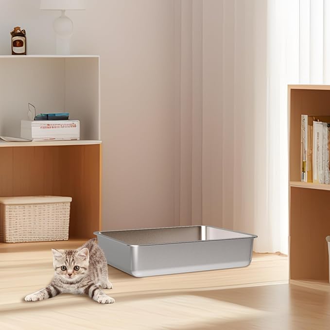 Stainless Steel Litter Box - 17.7" L x 13.77" W x 4" H Metal Cat Litter Box, Non Stick, No Smell, Easy Entry,Easy to Clean,Metal Litterbox for Kitten,Elderly Cats,Bunny