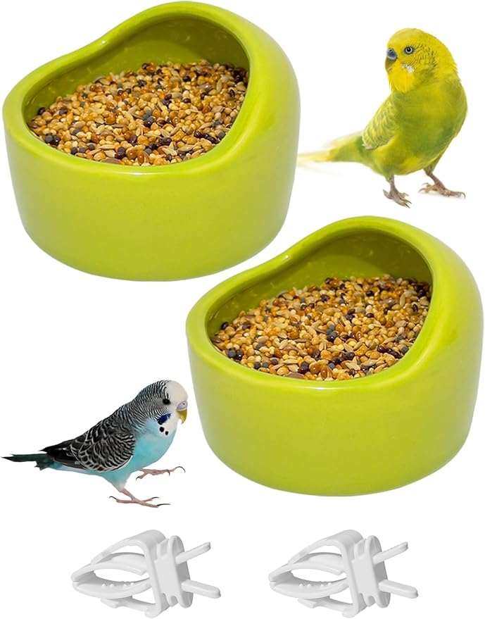 2 Pcs Ceramic Bird Food Bowls Parakeet Cage Water Bowl Birds Feeding Dish Parrot Water Feeder for Cage for Parakeets Conure Cockatiels Lovebird Budgie (Green)