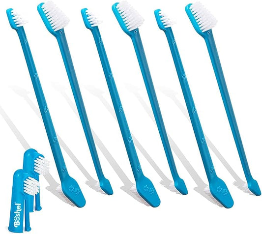 Boshel 8 Pc Dog Toothbrush Kit - 6 Dual Headed Dog Tooth Brush + 2 Pet Finger Toothbrush for Dogs - Soft Nylon Bristle Pet Tooth Brush for Dogs, Best Tooth Brushing Kit for Small & Large Breeds