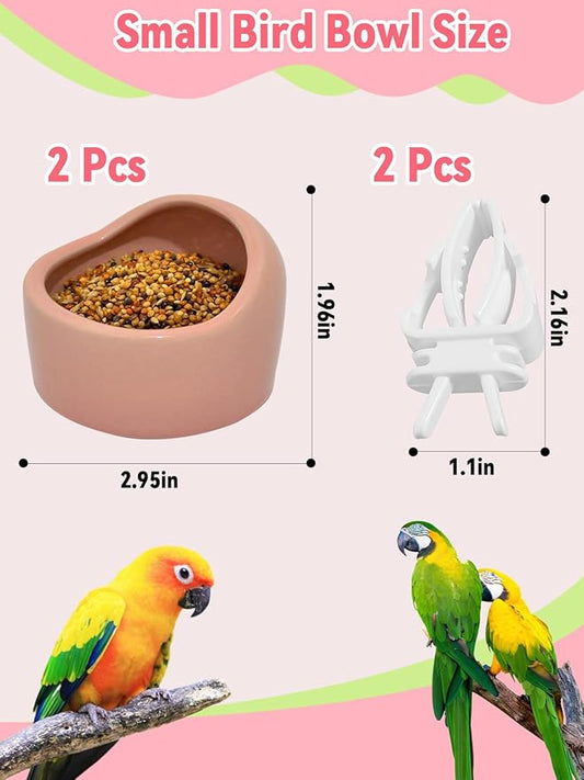 2 Pcs Bird Food Bowl Ceramic Bowls for Birds Small Parakeet Food Bowl Parrot Feeding Cups, Bird Cage Feede for Parakeets Conure Cockatiels Lovebird Budgie (Pink)