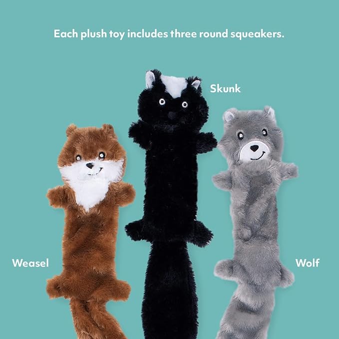 ZippyPaws Skinny Peltz - No Stuffing Dog Toy Pack to Keep Them Busy, for Medium and Large Dogs, Squeaky Pet Toys, Unstuffed Chew Toys, Soft Plush Variety Pack, Weasel, Skunk, and Wolf - 18"