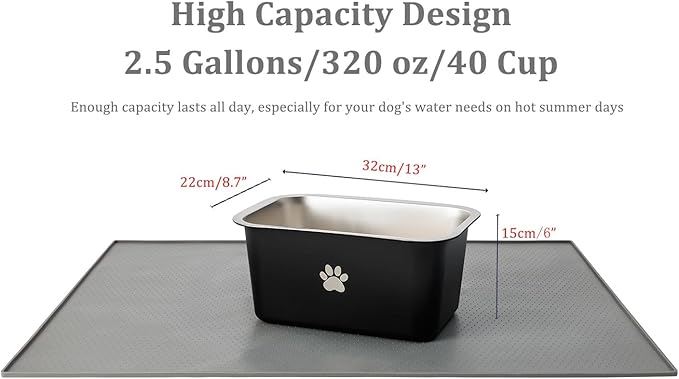 2.5 Gallons 40 Cup Non Slip Stainless Steel Large Dog Water Bowls, Outdoor Metal Dog Bowls Extra Large Breed, High Capacity Water Bowl for Big Giant Huge Dogs, Black