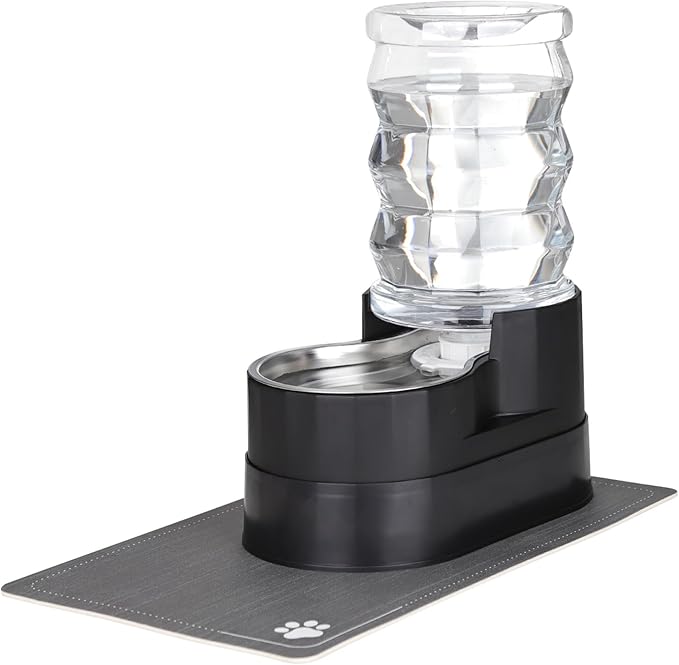 RIZZARI Automatic Cat Water Dispenser: Black 7L Elevated - Stainless Steel Gravity Feeder - Splash Guard Mat