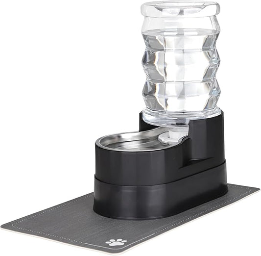 RIZZARI Automatic Cat Water Dispenser: Black 7L Elevated - Stainless Steel Gravity Feeder - Splash Guard Mat
