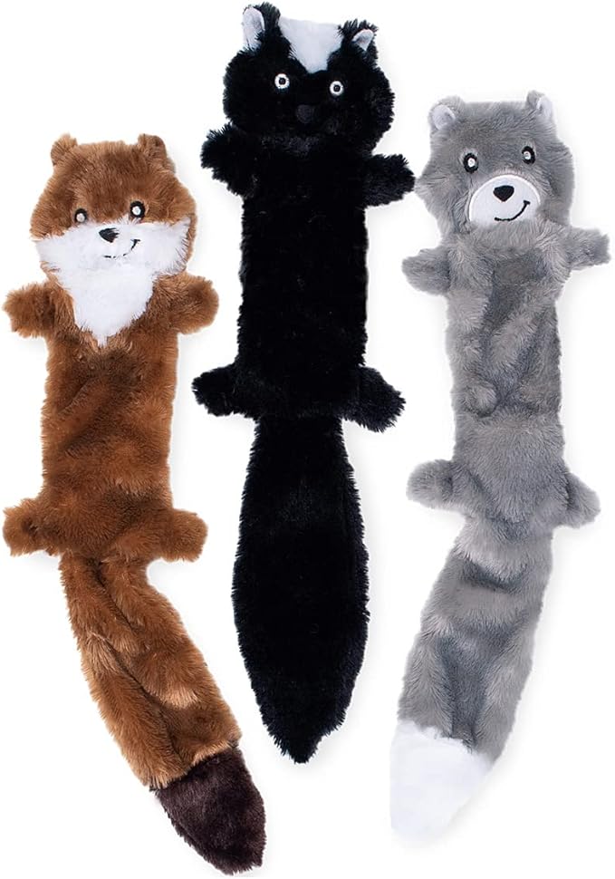 ZippyPaws Skinny Peltz - No Stuffing Dog Toy Pack to Keep Them Busy, for Medium and Large Dogs, Squeaky Pet Toys, Unstuffed Chew Toys, Soft Plush Variety Pack, Weasel, Skunk, and Wolf - 18"