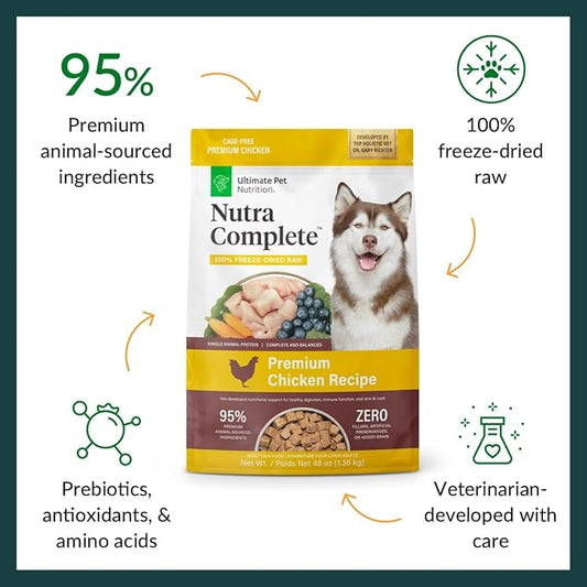 ULTIMATE PET NUTRITION Nutra Complete, 100% Freeze Dried Veterinarian Formulated Raw Dog Food with Antioxidants Prebiotics and Amino Acids, (3 Pound (Pack of 2), Chicken)