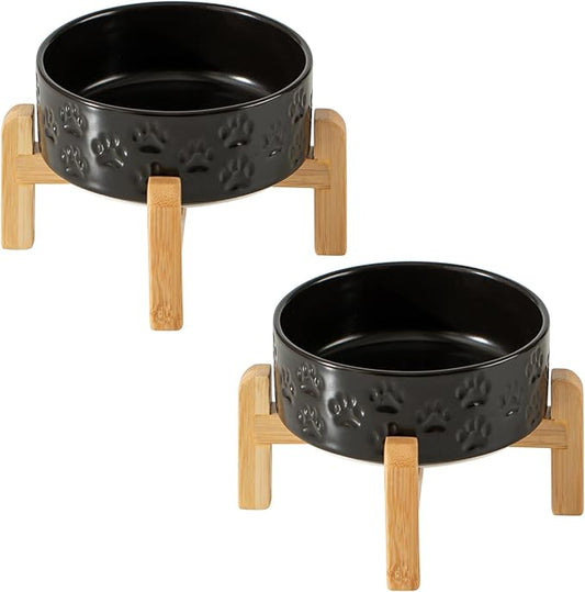 2 Pack Elevated Ceramic Dog Bowls, 5.1 inch Raised Dog Bowl Stand, 2-Height Adjustable for Toy Breed Dogs, Cats, Puppy, Protects Cervical Spine (Double Bowls + Double Stands - Black, 5.1 inch)