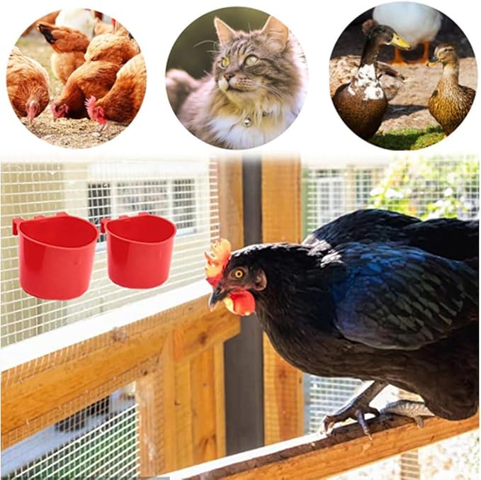 10Pcs Chicken Water Cups,Cage Cup Bird Cage Feeder,8 oz Chicken Feeders Water Bowl Hanging for Cage,Plastic Birds Feeders,Hanging Food and Water Coop Cups for Treats Grit(Red)