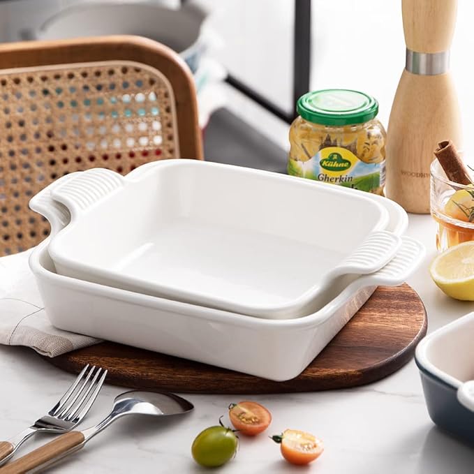 Sweejar Ceramic Baking Dish, 8 x 8 Cake Baking Pan for Brownie, Porcelain Square Bakeware with Double Handle for Casserole, Lasagna, Family Dinner (White)