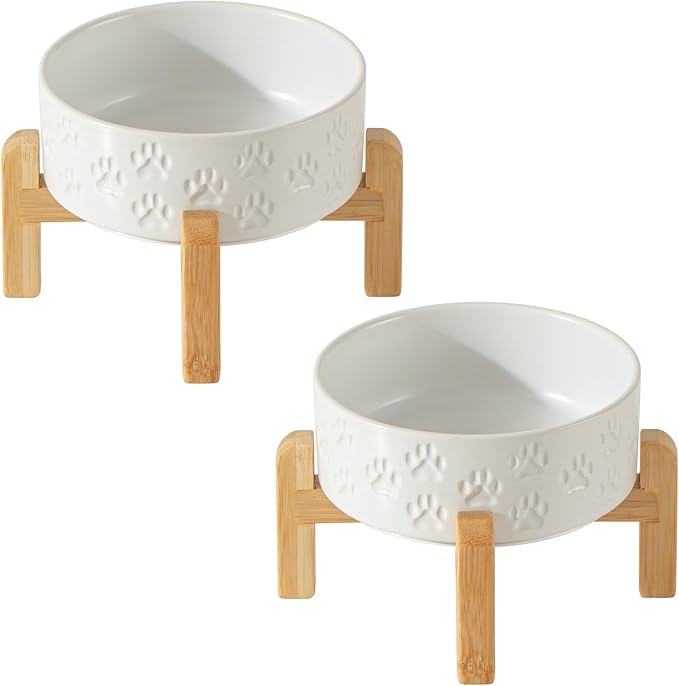 2 Pack Elevated Ceramic Dog Bowls, 5.1 inch Raised Dog Bowl Stand, 2-Height Adjustable for Toy Breed Dogs, Cats, Puppy, Protects Cervical Spine (Double Bowls + Double Stands - White, 5.1 inch)