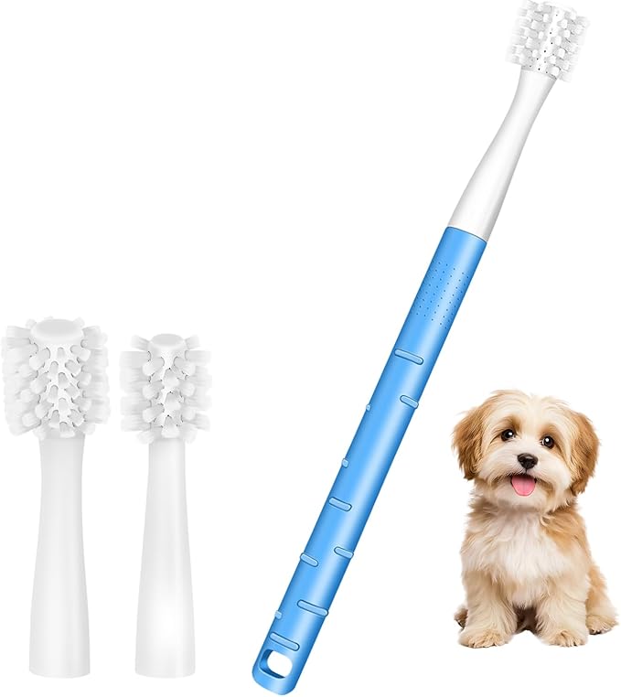 Dog Toothbrush, Dog Toothbrushs Kit with 2pc 360 Degree Tooth Brushing Head and Premium Non-Slip Handle, for Small to Medium Dogs, Soft-Bristled