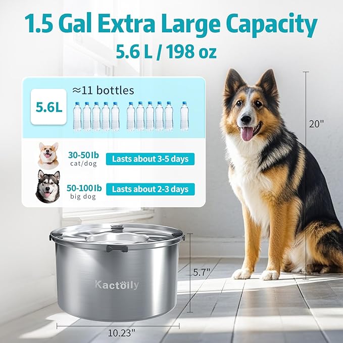 5.6L Stainless Steel Dog Water Bowl, Slow Water Bowl for Large Dogs, No Spill Water Bowl for Dogs with Non-Slip Base, Spill Proof Slow Feeder for Messy Drinkers