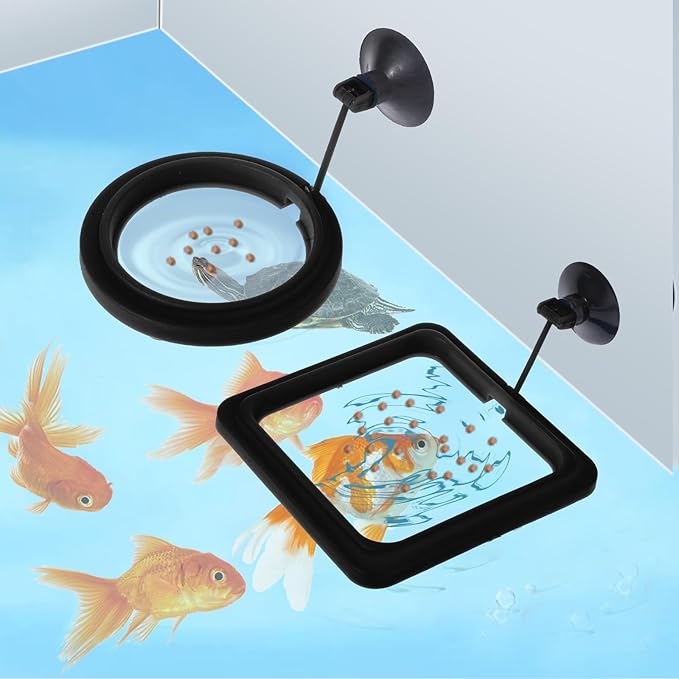 2 PCS Fish Feeding Rings,Black Fish Feeder Round and Square Aquarium Floating Food Feeder Circle with Suction Cup Prevent Water Turbulence from Washing Food into Filter for Guppy, Goldfish and Other