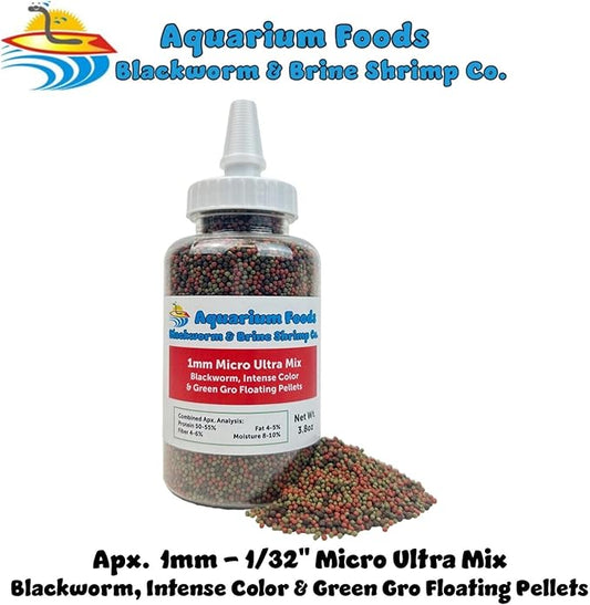 Aquatic Foods Inc. 1mm Ultra Mix of Blackworm, Intense Color Enhancing & Spirulina Green GRO Floating Pellets for Guppies, Tetras, Bettas, Nano Fish, Baby Fish…3.8oz Squeeze Bottle