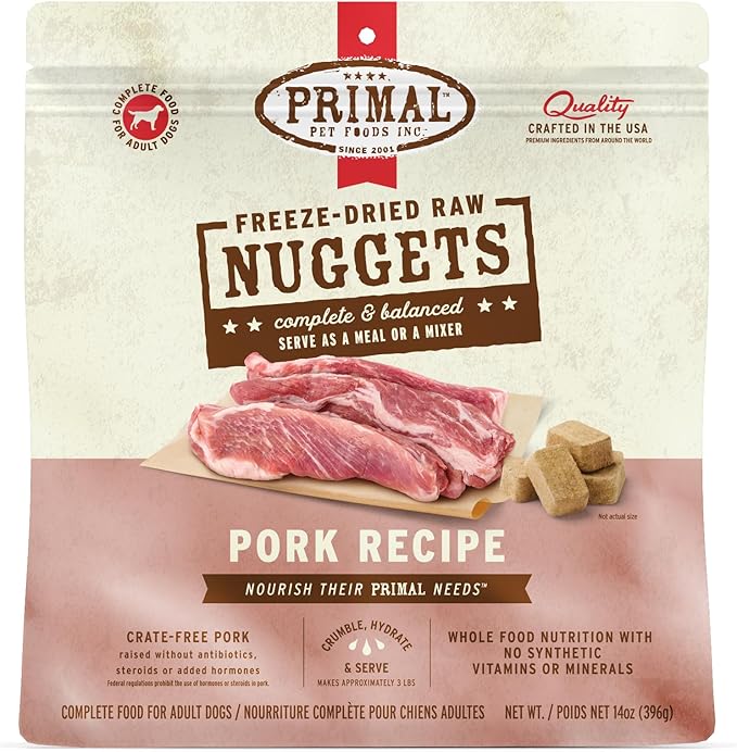 Primal Freeze Dried Raw Dog Food Nuggets, Pork, Complete & Balanced Meal, Also Use as Topper or Treat, Premium, Healthy, Grain Free, High Protein Raw Dog Food, 14 oz