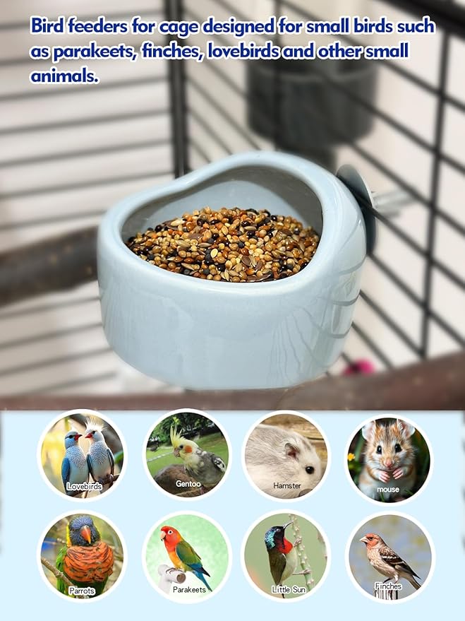 2 Pcs Pet Bird Bowls Ceramic Birds Cage Feeder Hanging Parrot Food Bowl Bird Cage Food Bowls for Budgie Finches Lovebirds Parakeet Cockatiels (Blue)