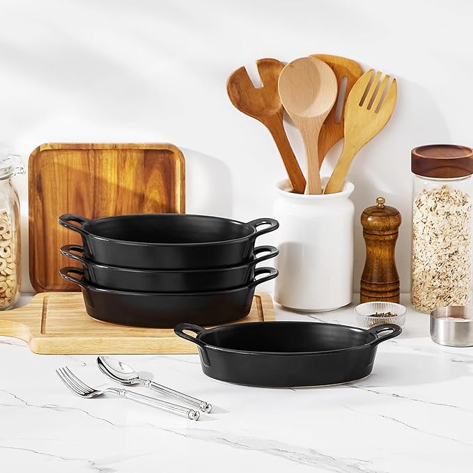 MALACASA Small Casserole Baking Dishes for Oven, Ceramic Oval Baking Dish Sets of 4, 8" x 5" Inch Au Gratin Baking Pans with Handles for Roasting, Lasagna, Pie, Baking Meat & Vegetables, Matte Black