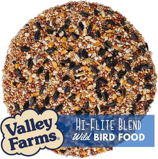 Valley Farms Hi-Flite Wild Bird Food for Outside feeders, Bird Seed with Millet, Crack Corn, and Black Oil Sunflower Seeds Birds, Economy Bird Seed for Outside Feeders, Birdseed (40 LBS)