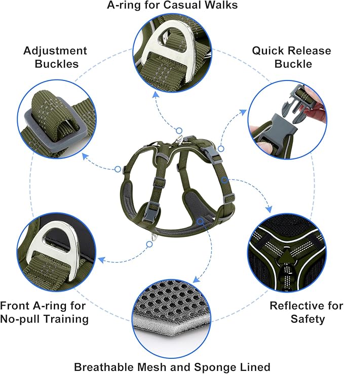 Plutus Pet No Pull Dog Harness, Release at Neck, Soft Padded, Reflective Adjustable Dog Vest Harness for Small, Medium, Large Dogs(Ranger Green, L)