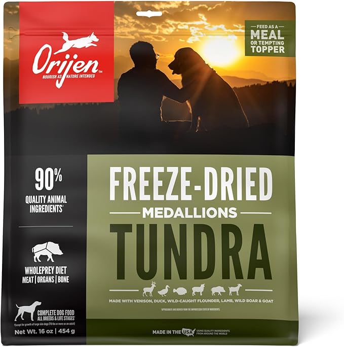 ORIJEN Grain Free High Protein Freeze Dried Dog Food & Topper Tundra Recipe 16oz Bag