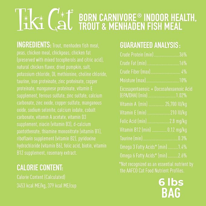 Tiki Cat Born Carnivore Indoor Health, Trout & Menhaden Fish Meal, Grain-Free Baked Kibble to Maximize Nutrients, Dry Cat Food, 6 Lbs. Bag