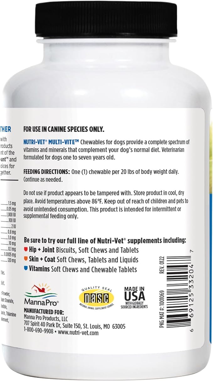 Nutri-Vet Multi-Vite Chewables for Adult Dogs, Daily Vitamin and Mineral Support, Potent Antioxidants, Supports a Balanced Diet, 120 Count
