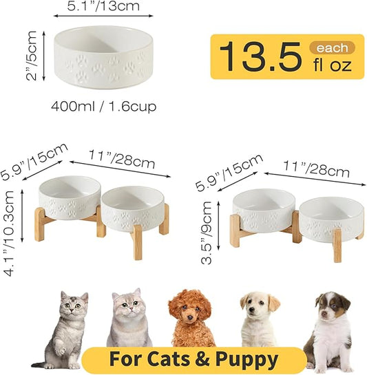 5.1" Raised Ceramic Dog Bowl Set, Two Dog Dishes with 2-Height Stand, Elevated Food & Water Bowls for Cats, Puppies, Non-Slip, 13.5 OZ, Dishwasher Safe (Double Bowls + Stand - White, 5.1 inch)